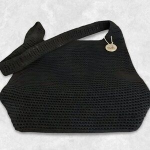 The Sak Shoulder Bag Crocheted Design Snap Closure Zipper Pocket Black Women's